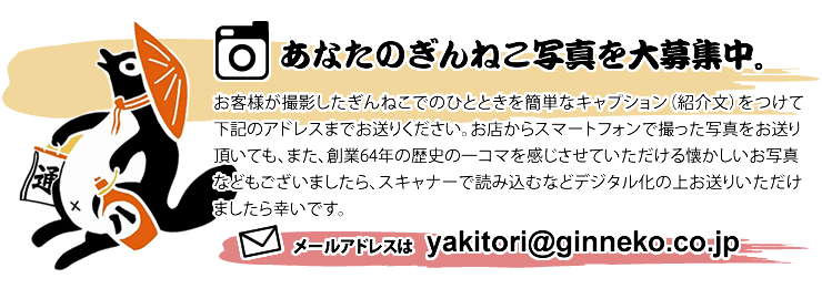 お客様が撮影したぎんねこでのひとときを簡単なキャプション（紹介文）をつけて下記のアドレスまでお送りください。